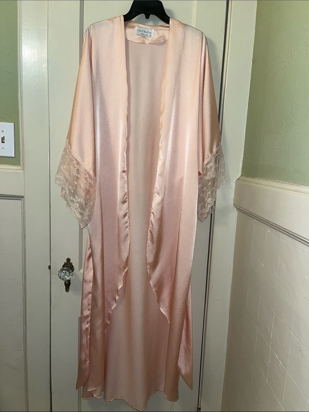 Long Satin Lace-Trim Robe in Blush Pink by Ralph Montenero for Blanche